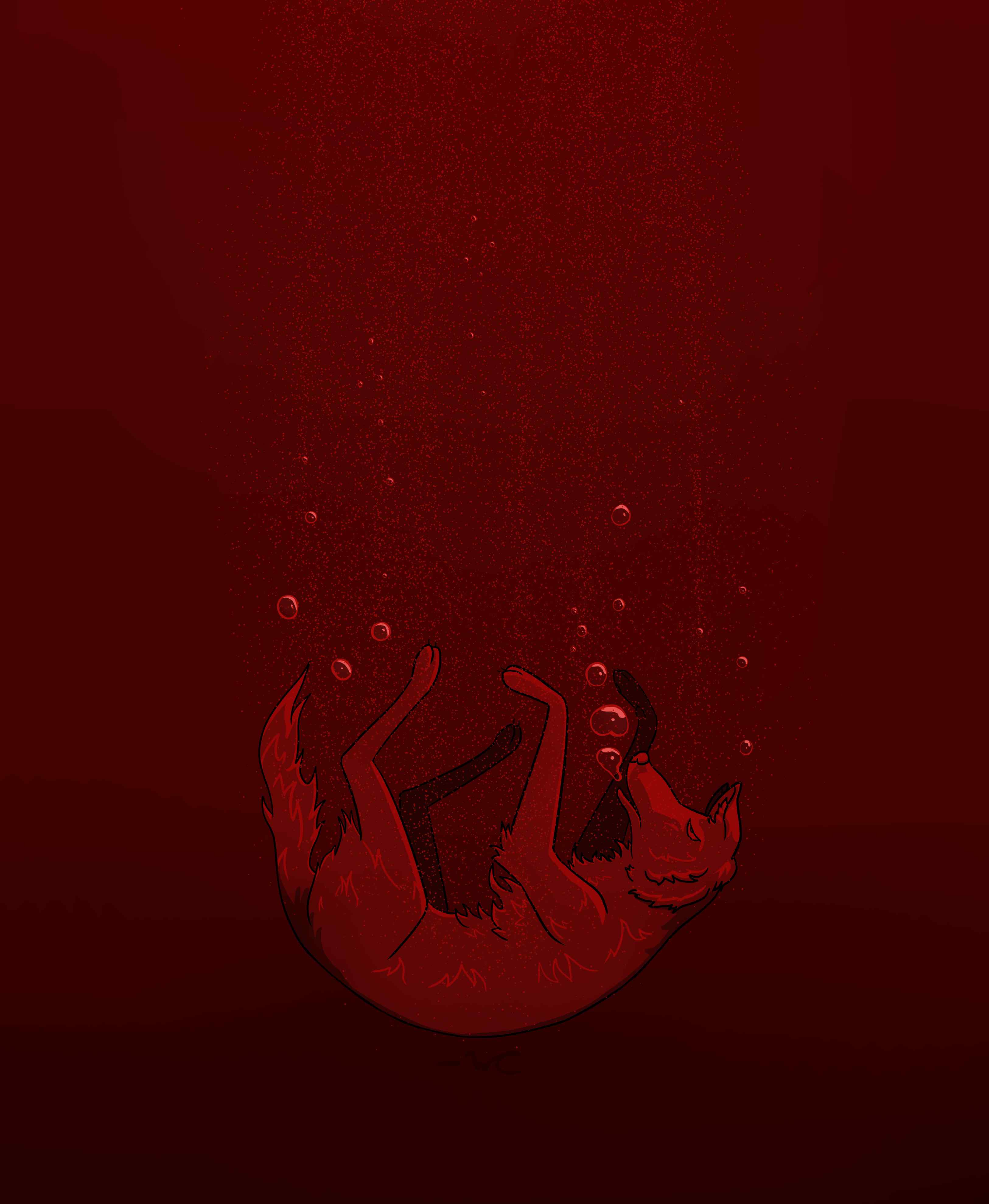 A digital drawing of a coyote drowning; hopelessly sinking to the bottom of the canvas. The entire image is done with shades of red. It could be it's drowning in blood. 